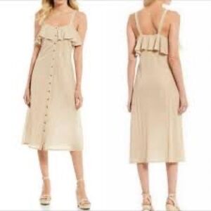 Gianni Bini Button Front Dress Women Size XS Beige Sleeveless Ruffle Bust Midi